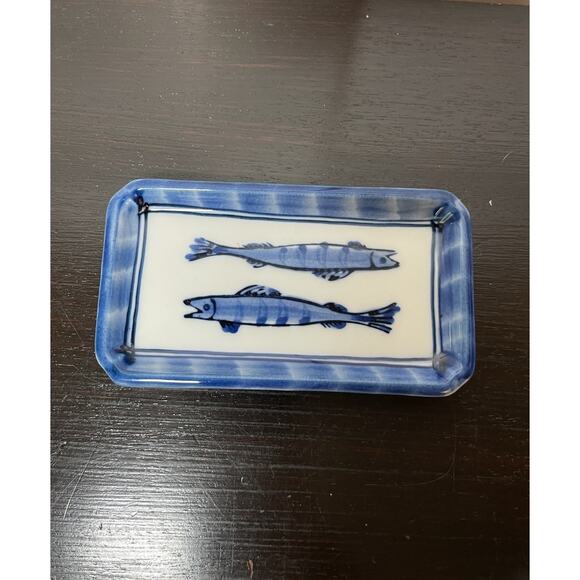 Vintage Japanese Sushi Dish Trinket Dish Blue and White Sardines Fish Rectangle - Picture 1 of 8